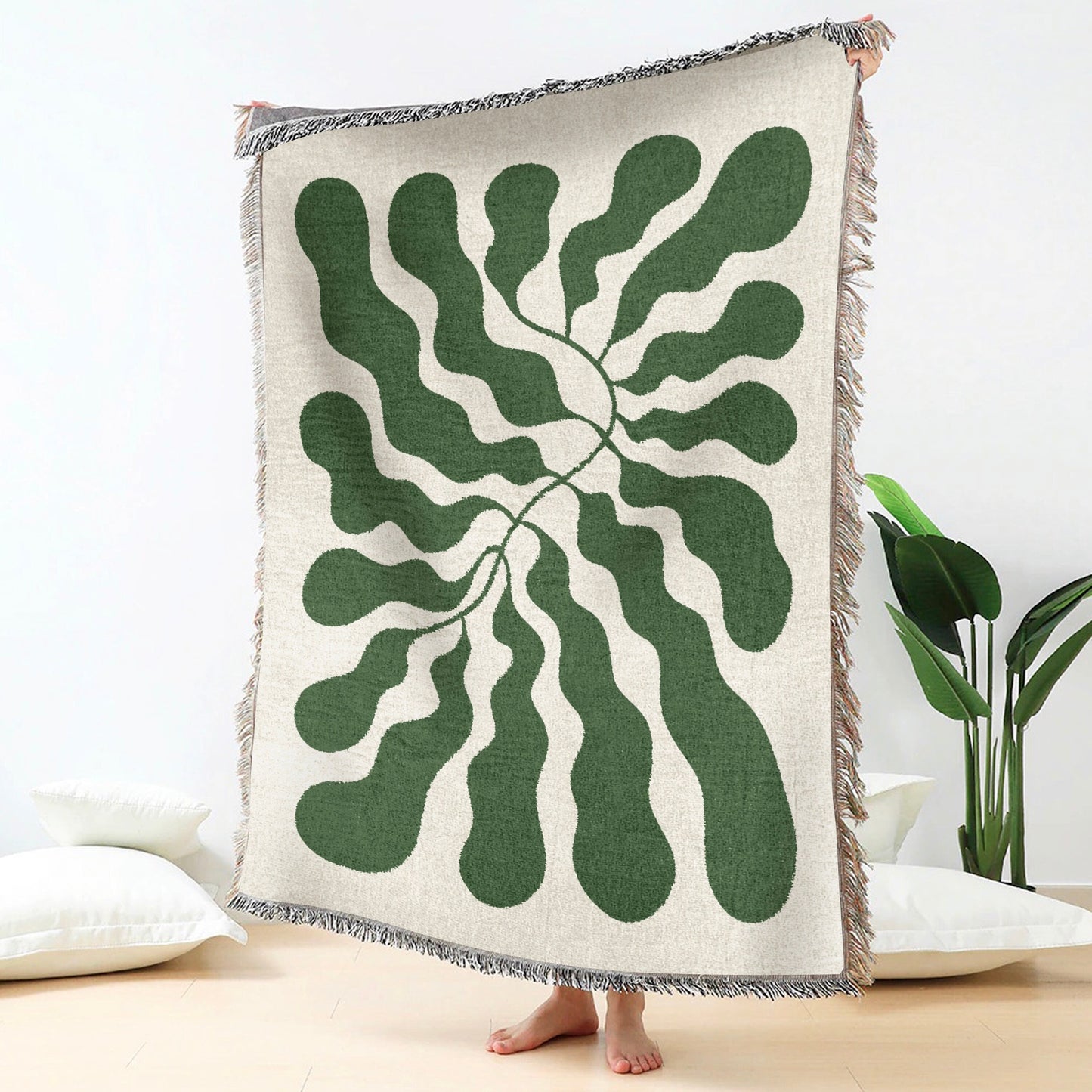 Green Matisse Leaf Beach Throw Blanket | Earth Tone Funky Tapestry Woven Blanket | Fringe Sofa Blankets | Picnic Travel Blanket Throw