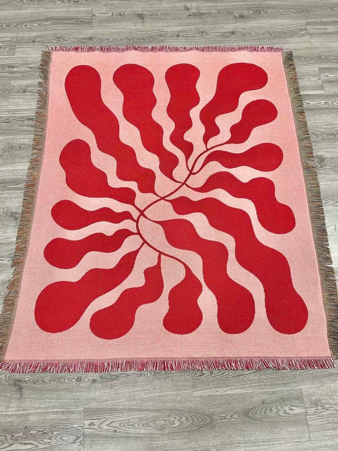 Pink Red Matisse Leaf Beach Throw Blanket | Funky Modern Tapestry Outdoor Blanket | Fringe Sofa Blanket |Picnic Travel Throw Dorm Room Decor