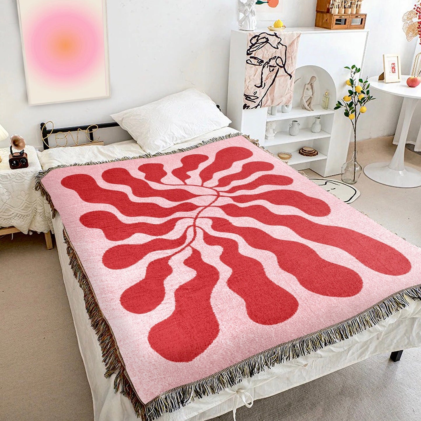 Pink Red Matisse Leaf Beach Throw Blanket | Funky Tapestry Outdoor Blanket | Fringe Sofa Blankets | Picnic Travel Throw Dorm Room Decor