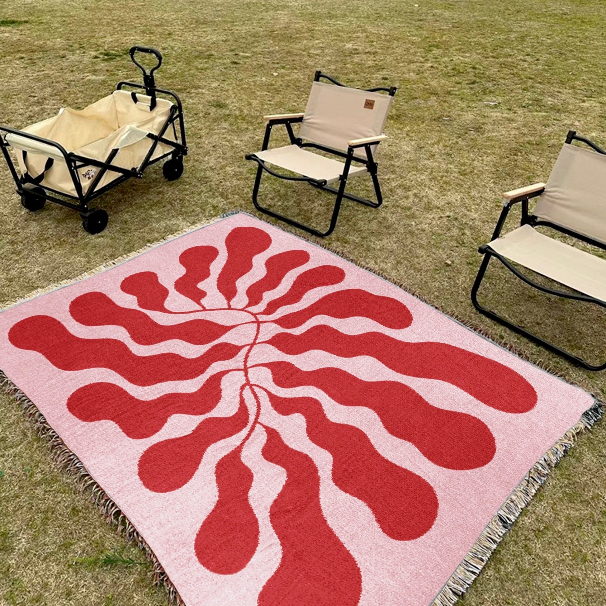 Pink Red Matisse Leaf Beach Throw Blanket | Funky Tapestry Outdoor Blanket | Fringe Sofa Blankets | Picnic Travel Throw Dorm Room Decor