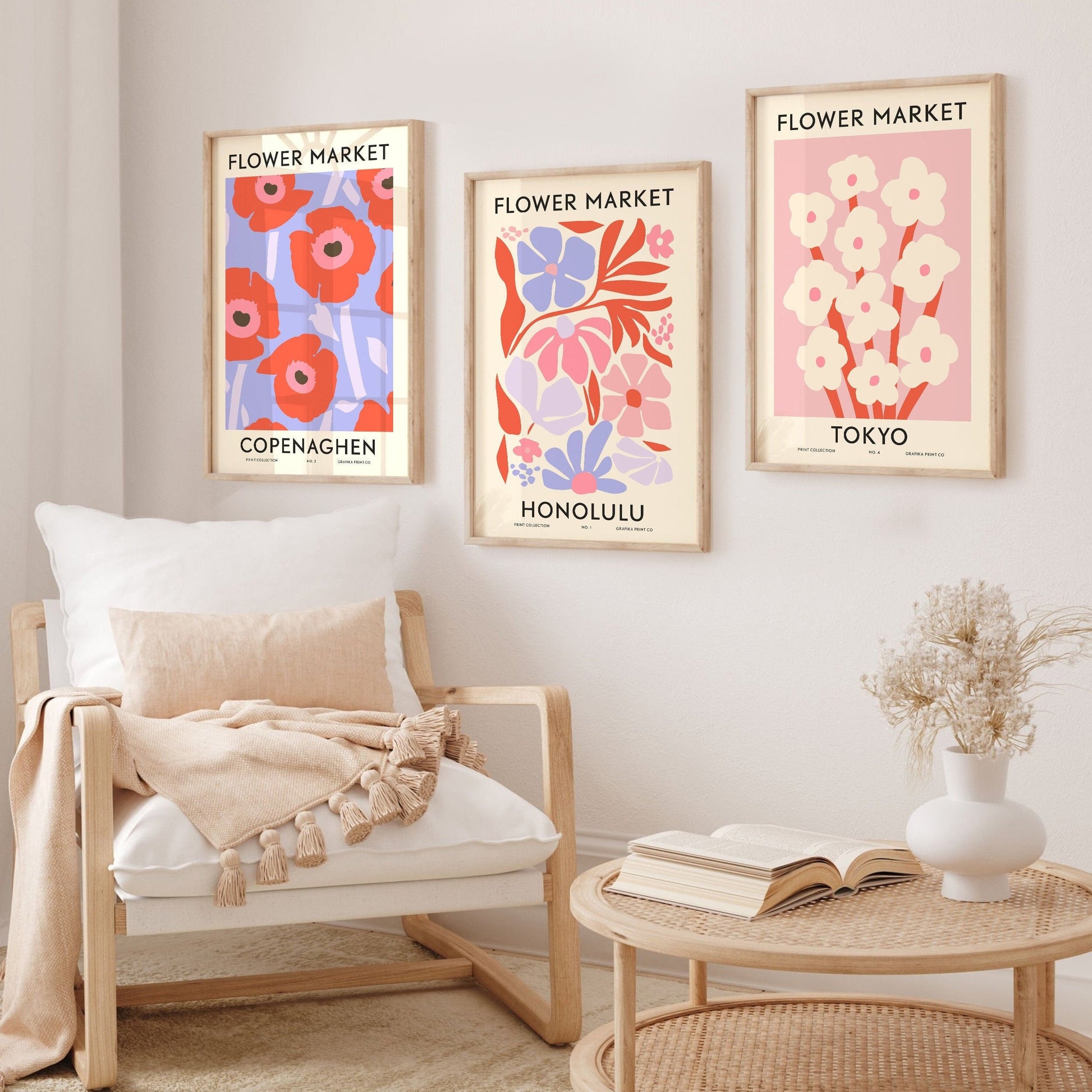 Flower Market Danish Pastel Printable Set of 3 | Botanical Matisse Floral Posters | London Tokyo Print | Custom Wall Art | Digital Download