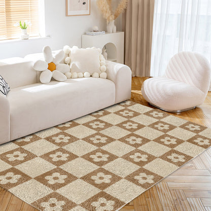 Flower Checkered Earth Tone Carpet | Modern Farmhouse Decor Funky Danish Pastel Decor Rug | Bedroom Living Room Rug Modern Y2K Accent Rug