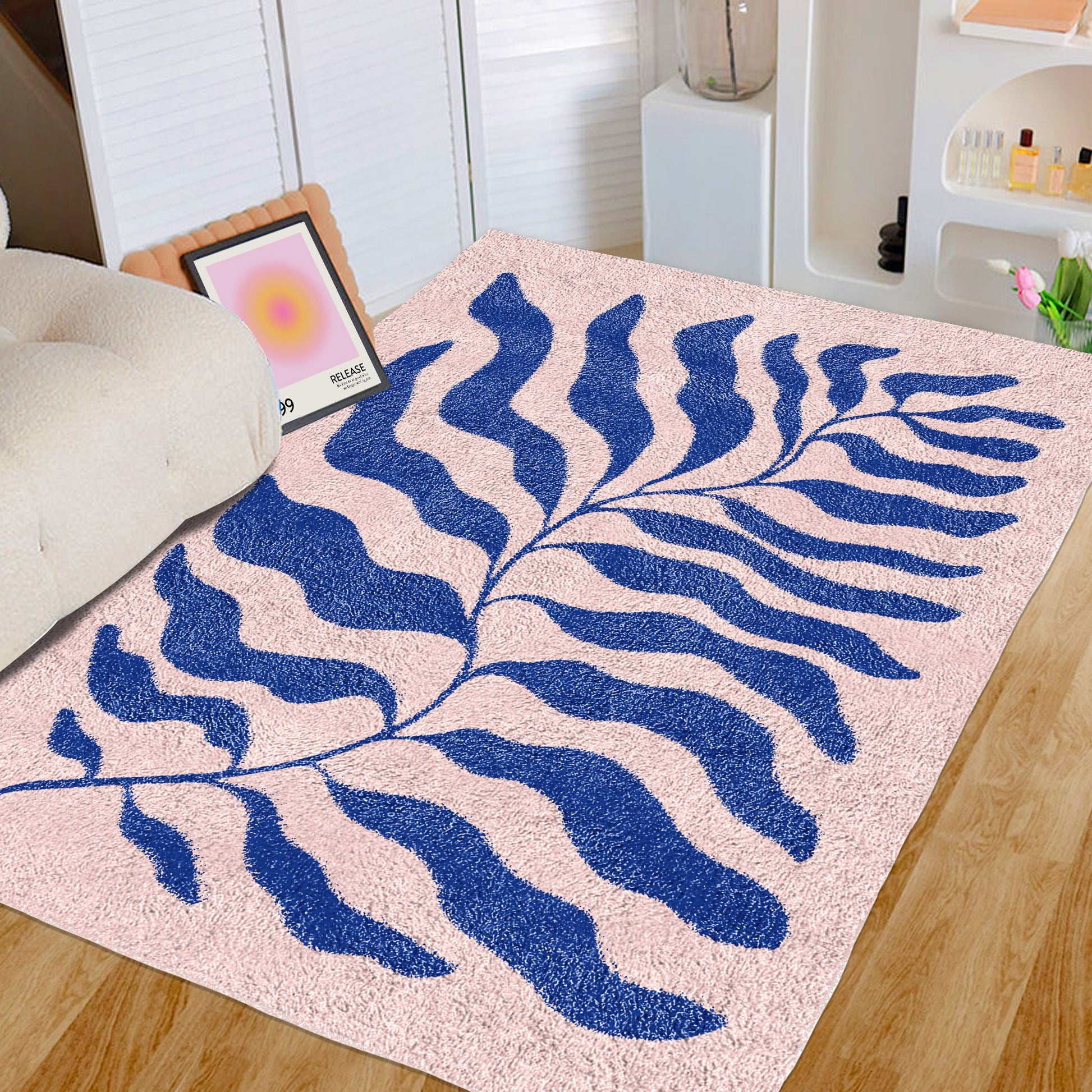 Blue Pink Matisse Leaf Carpet | Funky Retro Danish Pastel Decor Rug | Bedroom Living Room Rug Modern Y2K Rug | Plush Trendy Accent Rug