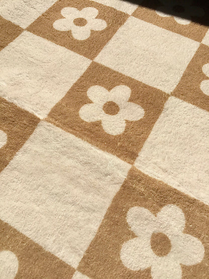 Flower Checkered Earth Tone Carpet | Modern Farmhouse Decor Funky Danish Pastel Decor Rug | Bedroom Living Room Rug Modern Y2K Accent Rug