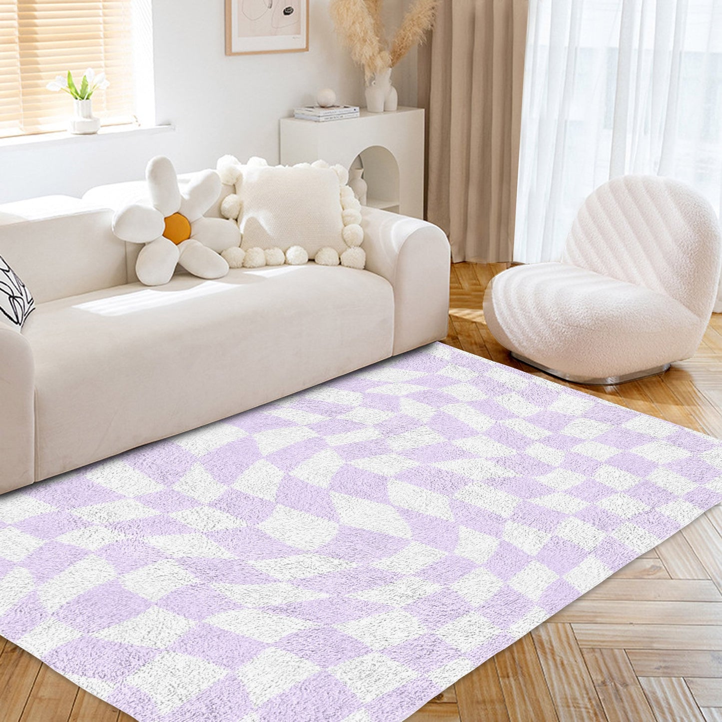 Lilac Checkered Carpet | Funky Purple Danish Pastel Decor Rug | Bedroom Living Room Rug Modern Y2K Rug | Plush Trendy Purple Accent Rug