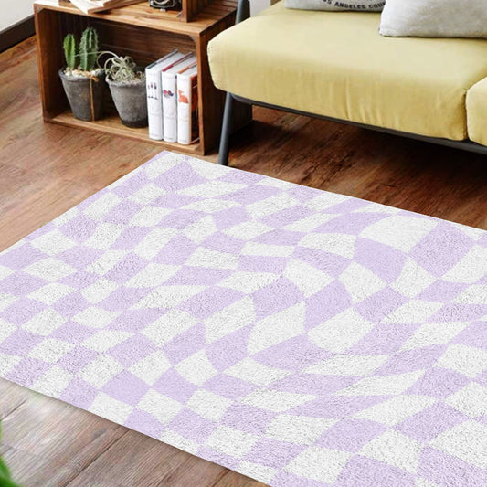 Lilac Checkered Carpet | Funky Purple Danish Pastel Decor Rug | Bedroom Living Room Rug Modern Y2K Rug | Plush Trendy Purple Accent Rug