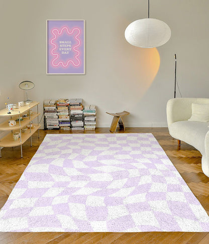 Lilac Checkered Carpet | Funky Purple Danish Pastel Decor Rug | Bedroom Living Room Rug Modern Y2K Rug | Plush Trendy Purple Accent Rug