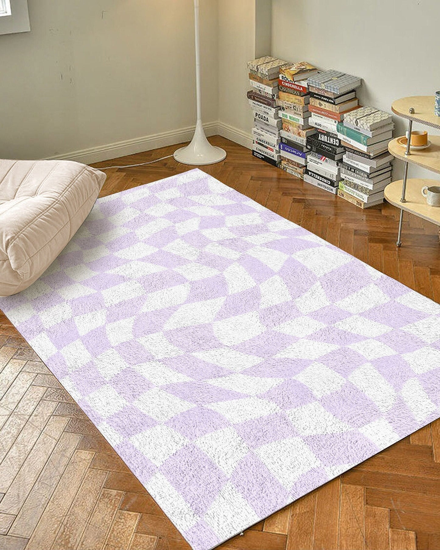 Lilac Checkered Carpet | Funky Purple Danish Pastel Decor Rug | Bedroom Living Room Rug Modern Y2K Rug | Plush Trendy Purple Accent Rug