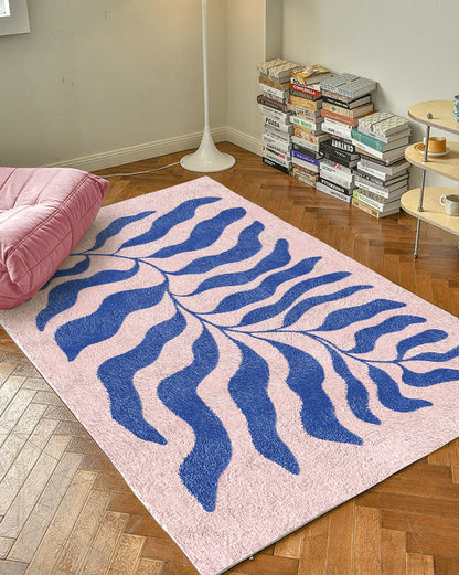 Blue Pink Matisse Leaf Carpet | Funky Retro Danish Pastel Decor Rug | Bedroom Living Room Rug Modern Y2K Rug | Plush Trendy Accent Rug