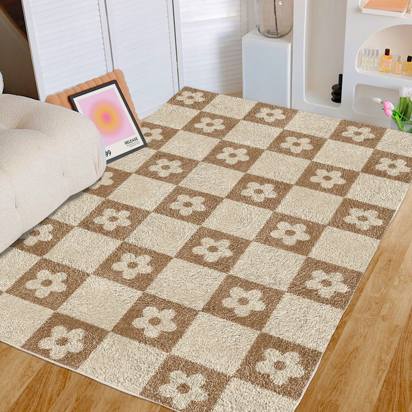 Flower Checkered Earth Tone Carpet | Modern Farmhouse Decor Funky Danish Pastel Decor Rug | Bedroom Living Room Rug Modern Y2K Accent Rug