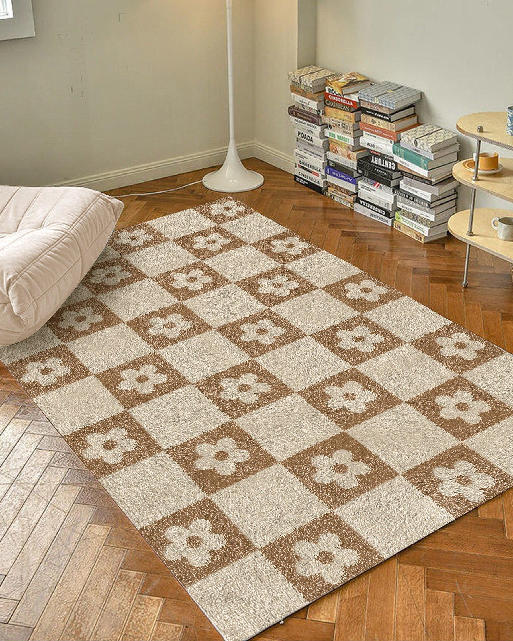 Flower Checkered Earth Tone Carpet | Modern Farmhouse Decor Funky Danish Pastel Decor Rug | Bedroom Living Room Rug Modern Y2K Accent Rug