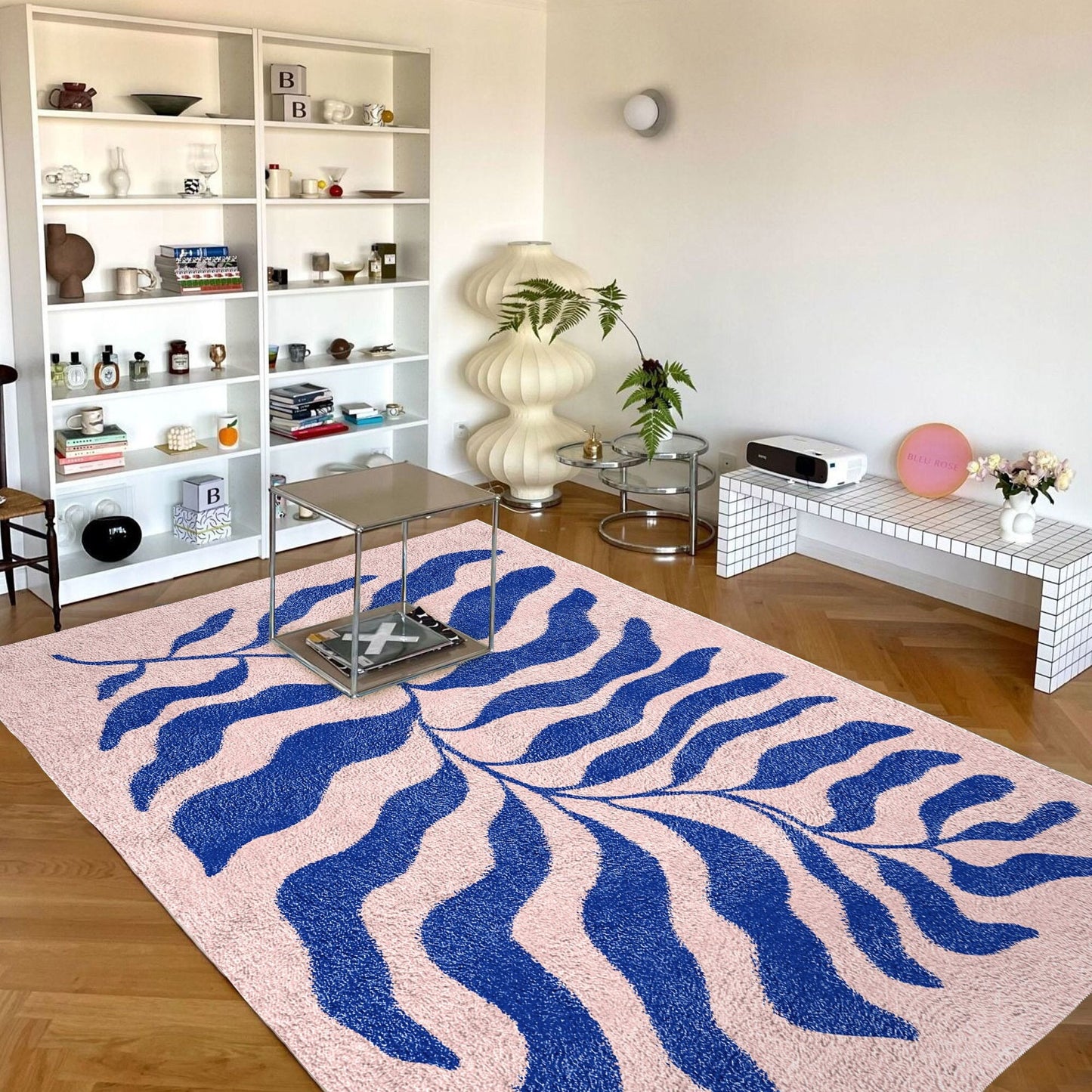 Blue Pink Matisse Leaf Carpet | Funky Retro Danish Pastel Decor Rug | Bedroom Living Room Rug Modern Y2K Rug | Plush Trendy Accent Rug