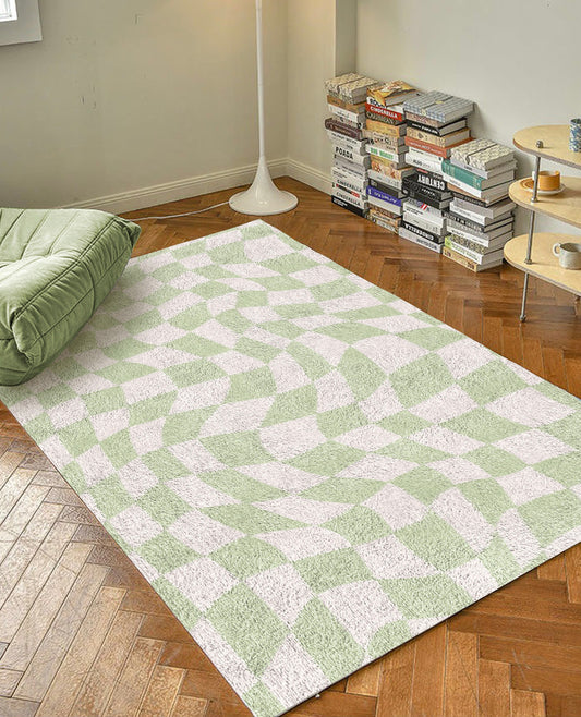 Sage Green Checkered Carpet | Funky Danish Pastel Decor Rug | Bedroom Living Room Rug Modern Y2K Rug | Plush Trendy Accent Rug | Earth Tone