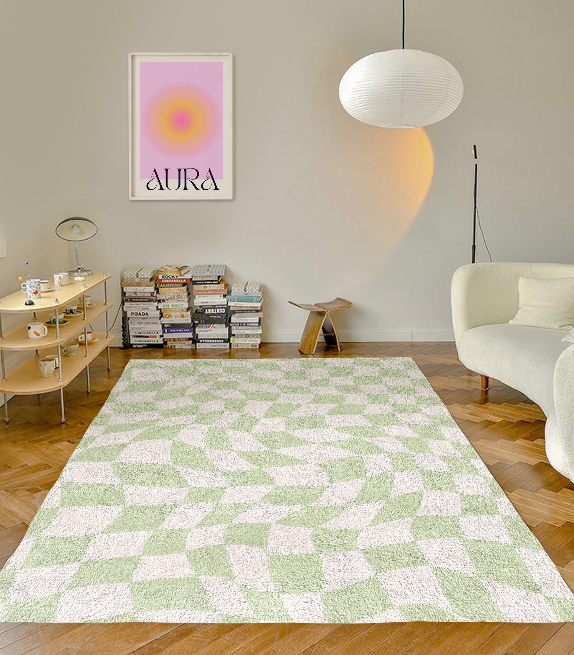 Sage Green Checkered Carpet | Funky Danish Pastel Decor Rug | Bedroom Living Room Rug Modern Y2K Rug | Plush Trendy Accent Rug | Earth Tone