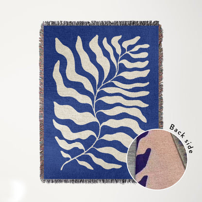 Blue Matisse Leaf Throw Picnic Blanket | Earth Tone Funky Tapestry Woven Blanket | Fringe Sofa Blankets | Picnic Blanket Throw