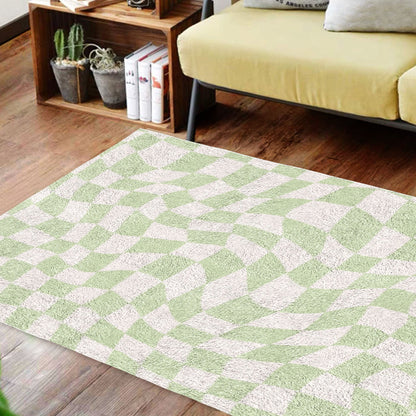 Sage Green Checkered Carpet | Funky Danish Pastel Decor Rug | Bedroom Living Room Rug Modern Y2K Rug | Plush Trendy Accent Rug | Earth Tone