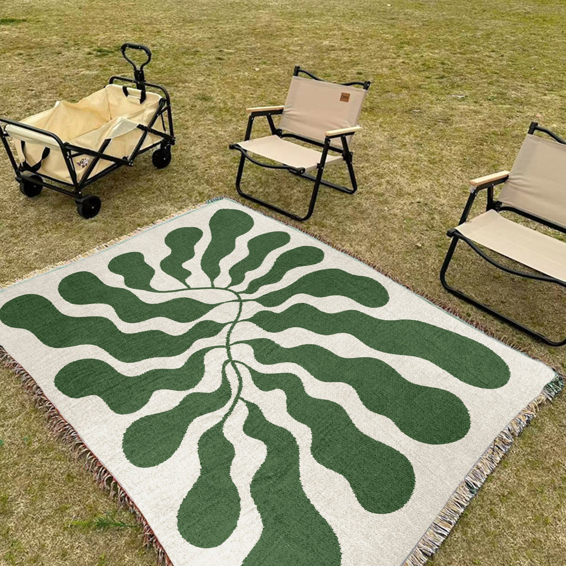 Green Matisse Leaf Beach Throw Blanket | Earth Tone Funky Tapestry Woven Blanket | Fringe Sofa Blankets | Picnic Travel Blanket Throw