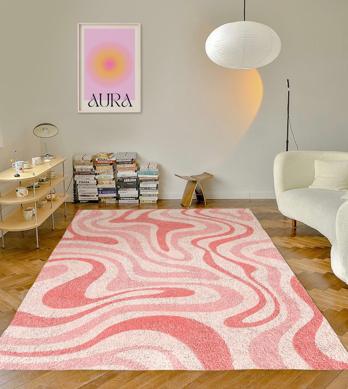 Pink Groovy Wave Retro Carpet | Funky Danish Pastel Decor Rug | Bedroom Living Room Rug Modern Y2K Rug | Plush Trendy Accent Rug