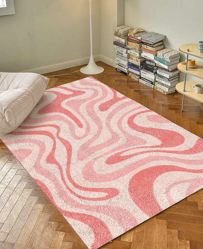 Pink Groovy Wave Retro Carpet | Funky Danish Pastel Decor Rug | Bedroom Living Room Rug Modern Y2K Rug | Plush Trendy Accent Rug