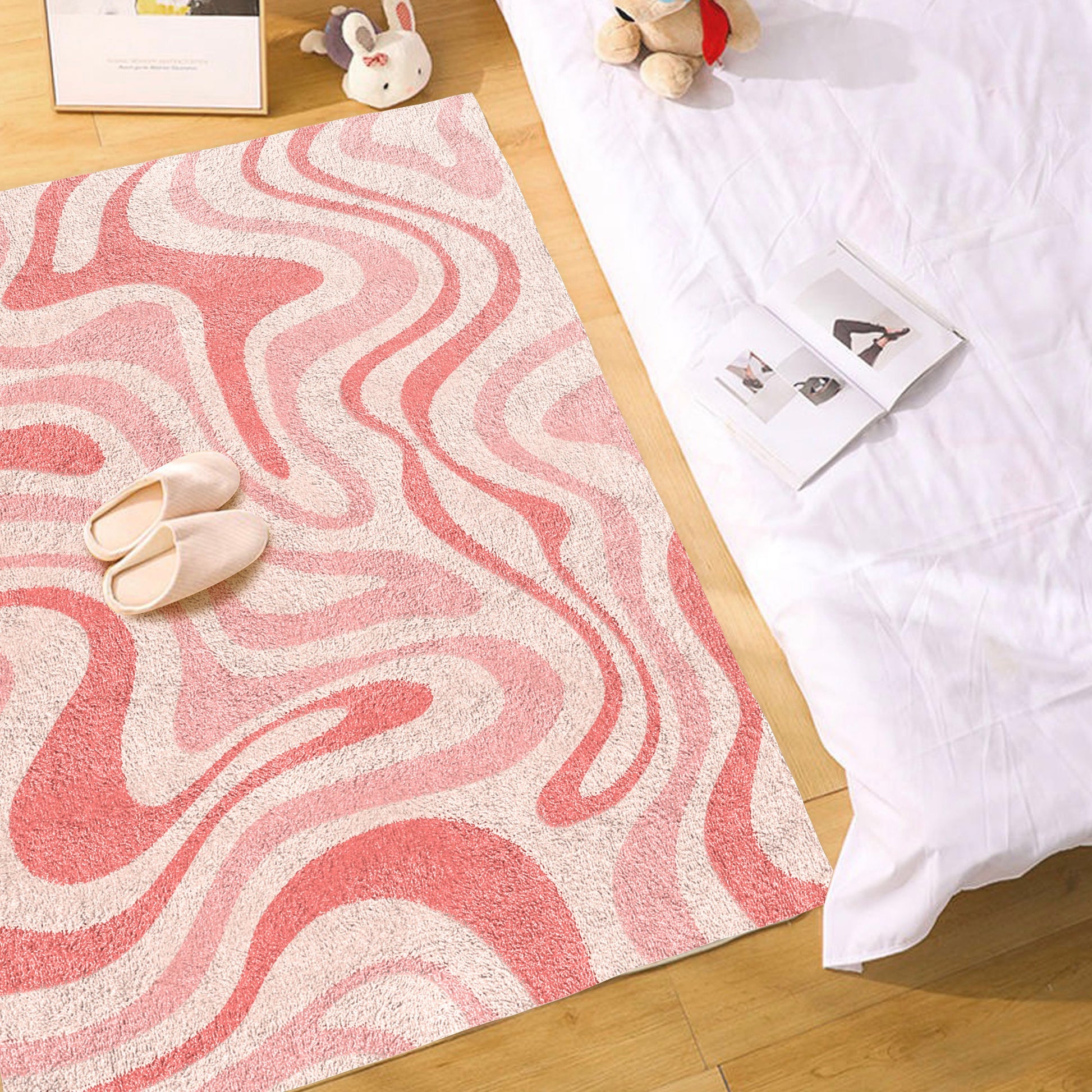 Pink Groovy Wave Retro Carpet | Funky Danish Pastel Decor Rug | Bedroom Living Room Rug Modern Y2K Rug | Plush Trendy Accent Rug