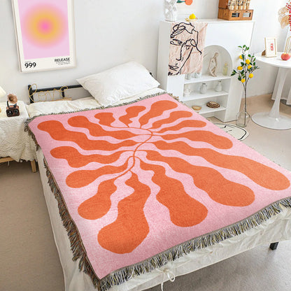 Orange Pink Matisse Leaf Beach Throw Blanket | Modern Minimalist Decor | Funky Tapestry Outdoor Blanket | Fringe Sofa Picnic Travel Throw