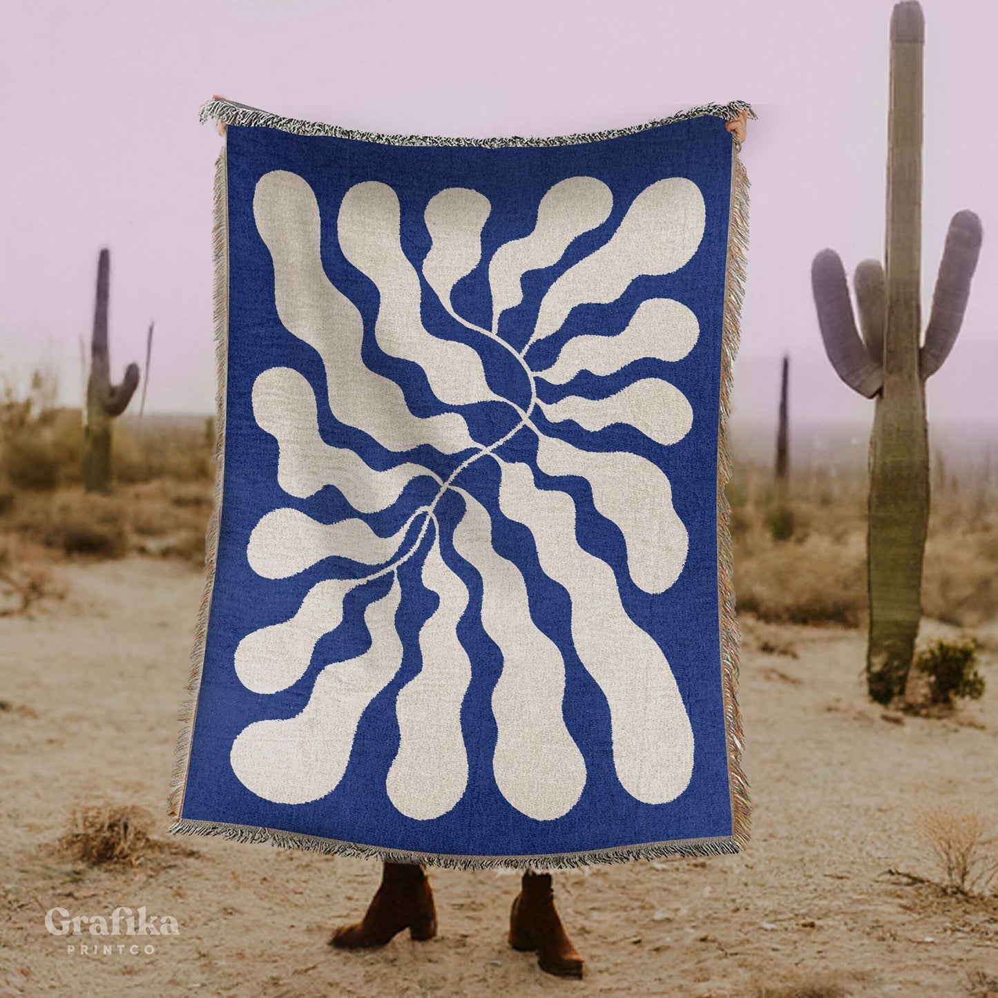 Blue Matisse Leaf Boho Throw Blanket | Earth Tone Funky Tapestry Woven Blanket | Fringe Sofa Blankets | Picnic Blanket Throw | Free shipping