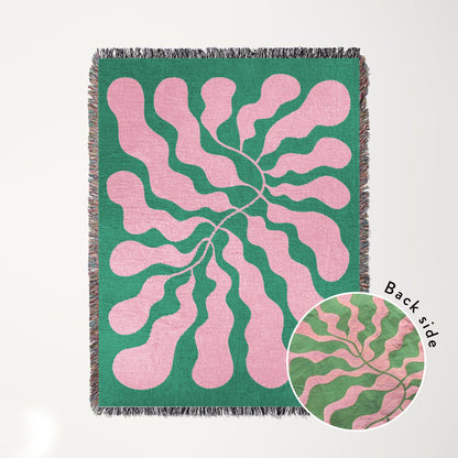 Pink Green Matisse Leaf Beach Throw Blanket | Modern Minimalist Decor | Funky Tapestry Outdoor Blanket | Fringe Sofa Picnic Travel Throw