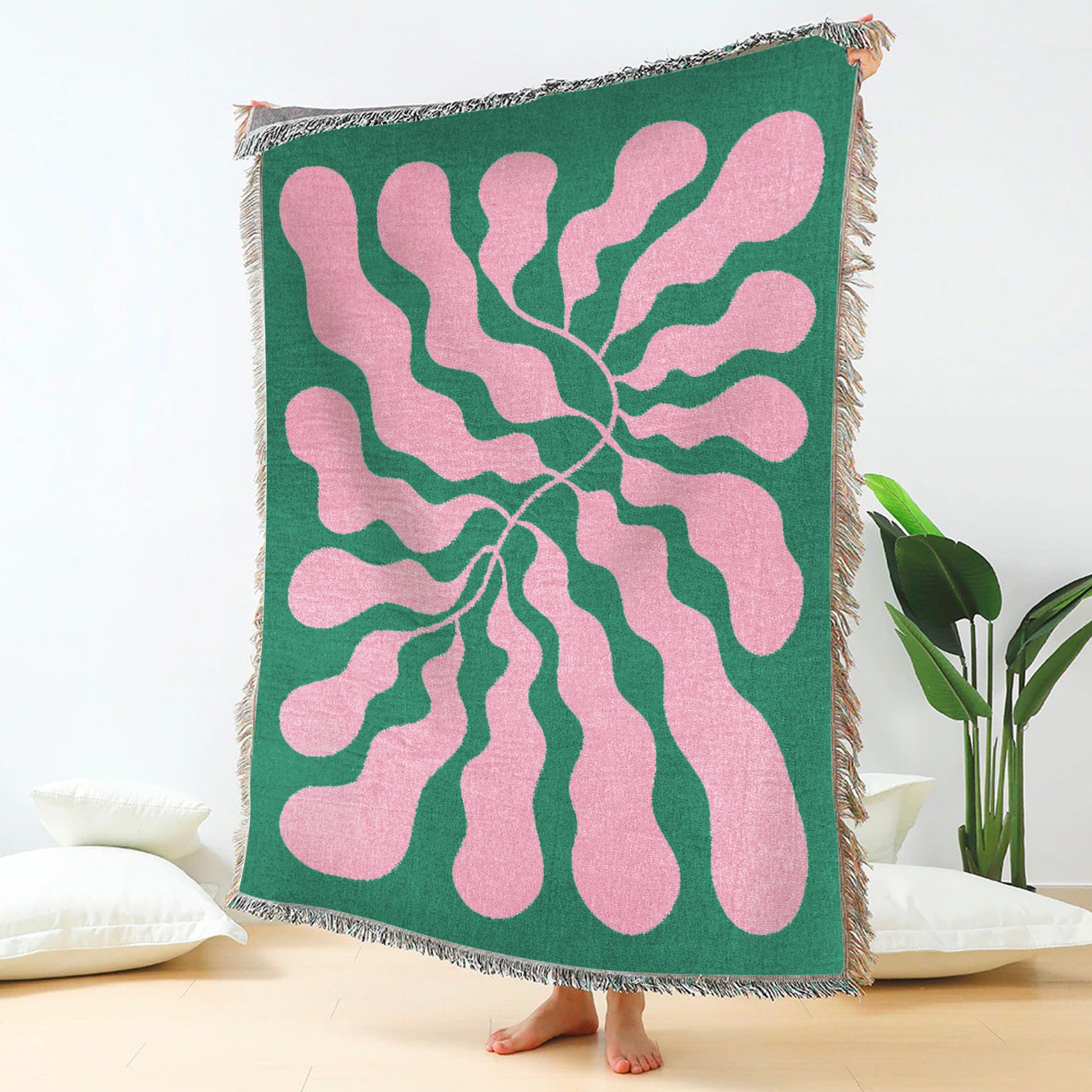 Pink Green Matisse Leaf Beach Throw Blanket | Modern Minimalist Decor | Funky Tapestry Outdoor Blanket | Fringe Sofa Picnic Travel Throw