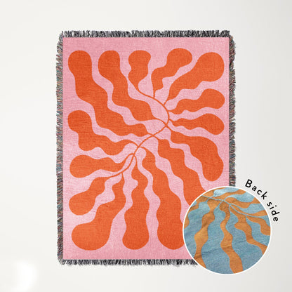 Orange Pink Matisse Leaf Beach Throw Blanket | Modern Minimalist Decor | Funky Tapestry Outdoor Blanket | Fringe Sofa Picnic Travel Throw