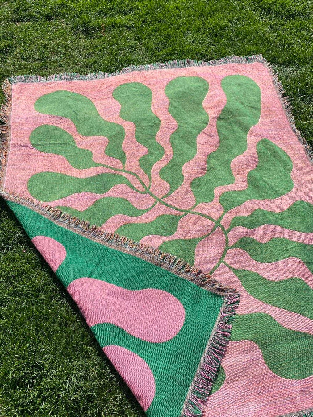 Pink Green Matisse Leaf Beach Throw Blanket | Modern Minimalist Decor | Funky Tapestry Outdoor Blanket | Fringe Sofa Picnic Travel Throw