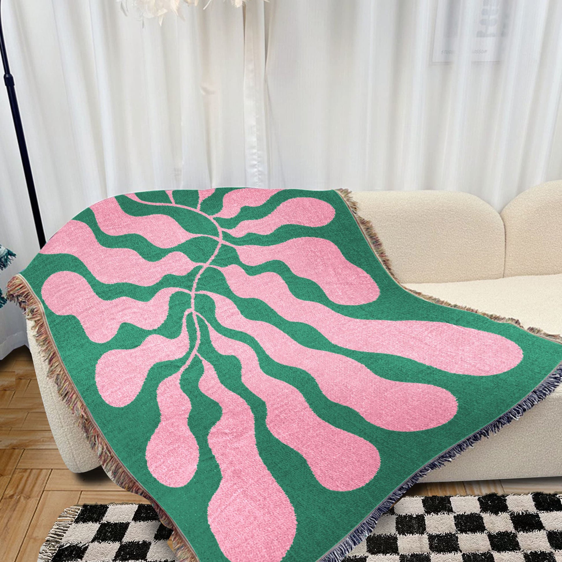 Pink Green Matisse Leaf Beach Throw Blanket | Modern Minimalist Decor | Funky Tapestry Outdoor Blanket | Fringe Sofa Picnic Travel Throw