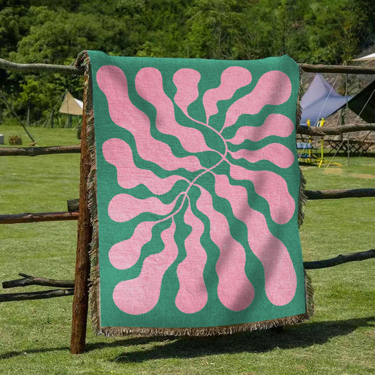 Pink Green Matisse Leaf Beach Throw Blanket | Modern Minimalist Decor | Funky Tapestry Outdoor Blanket | Fringe Sofa Picnic Travel Throw