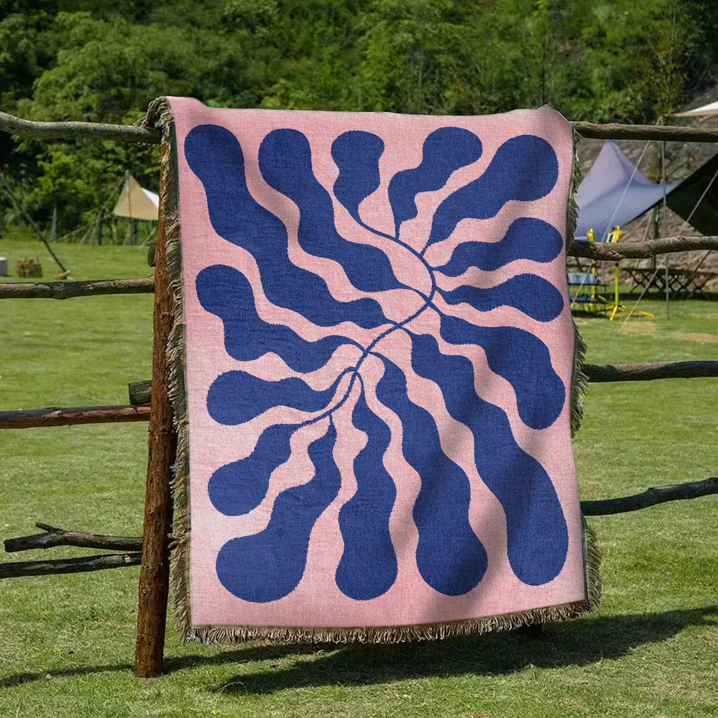 Pink Blue Matisse Leaf Woven Blanket | Funky Retro Tapestry Blanket | All Seasons Fringe Sofa Blankets | Picnic Blanket Brown Woven Throw