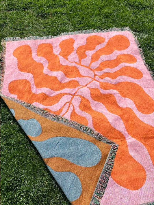 Orange Pink Matisse Leaf Beach Throw Blanket | Modern Minimalist Decor | Funky Tapestry Outdoor Blanket | Fringe Sofa Picnic Travel Throw