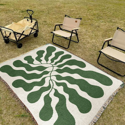 Green Matisse Leaf Beach Throw Blanket | Earth Tone Funky Tapestry Woven Blanket | Fringe Sofa Blankets | Picnic Travel Blanket Throw