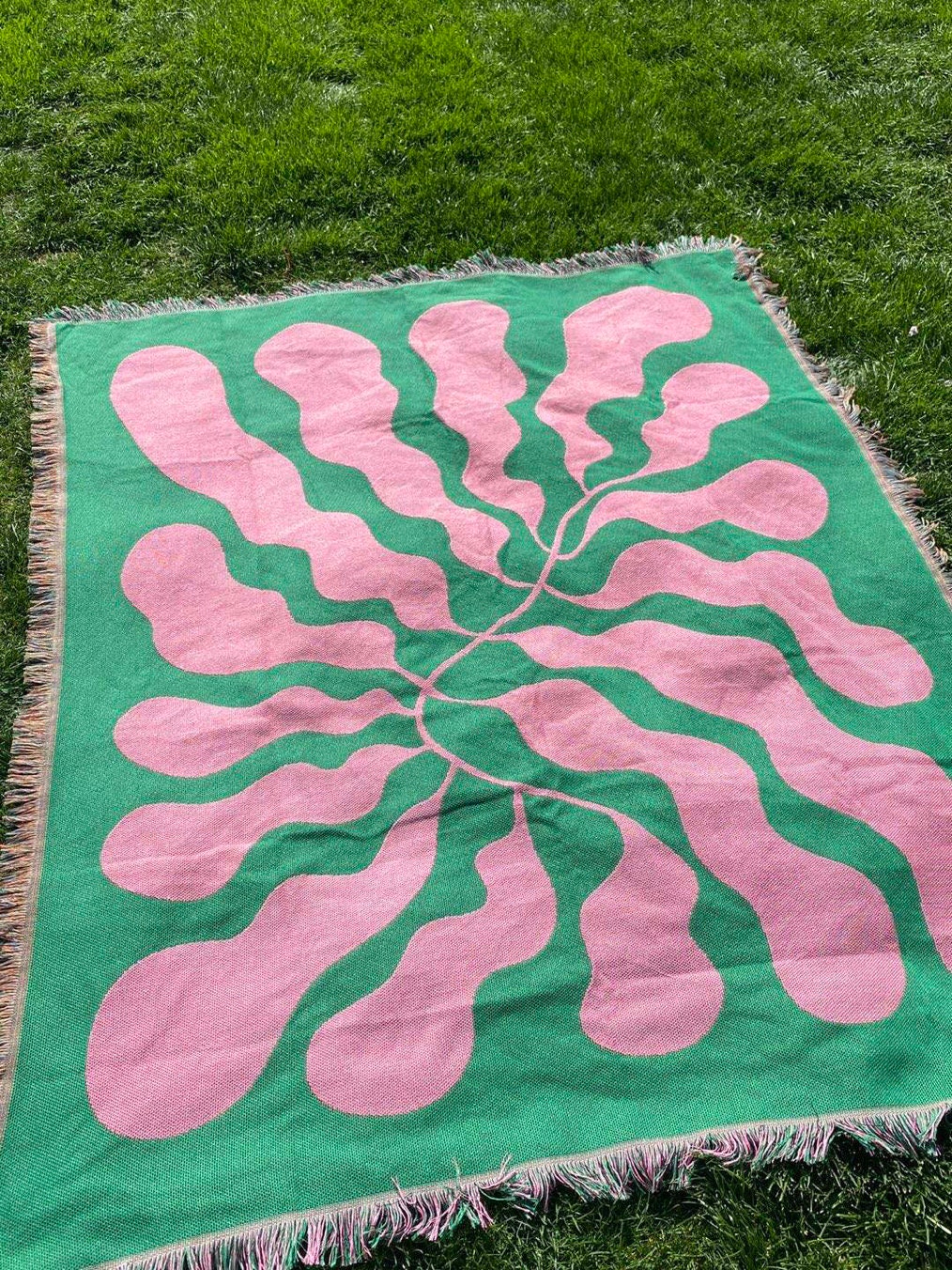 Pink Green Matisse Leaf Beach Throw Blanket | Modern Minimalist Decor | Funky Tapestry Outdoor Blanket | Fringe Sofa Picnic Travel Throw