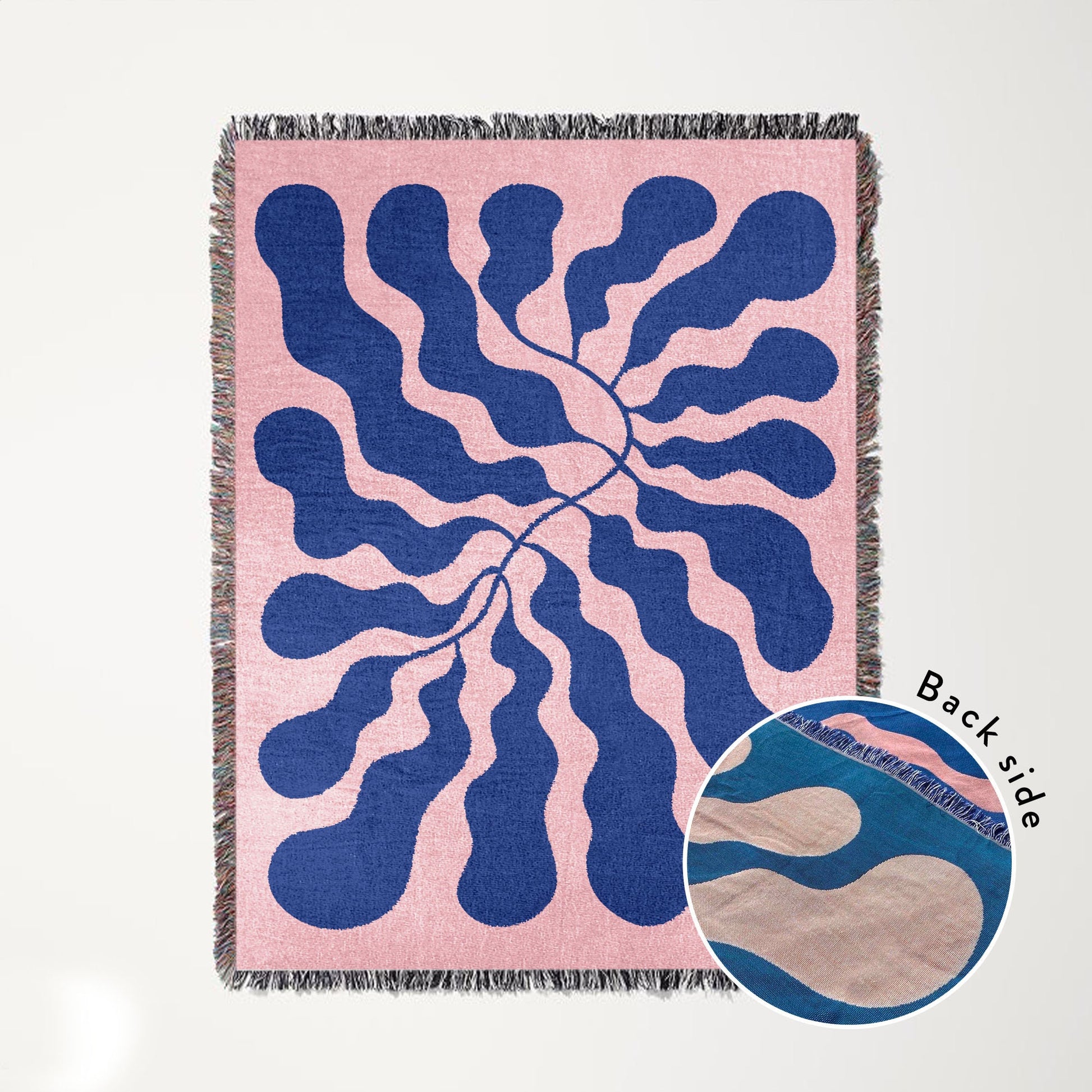 Pink Blue Matisse Leaf Woven Blanket | Funky Retro Tapestry Blanket | All Seasons Fringe Sofa Blankets | Picnic Blanket Brown Woven Throw