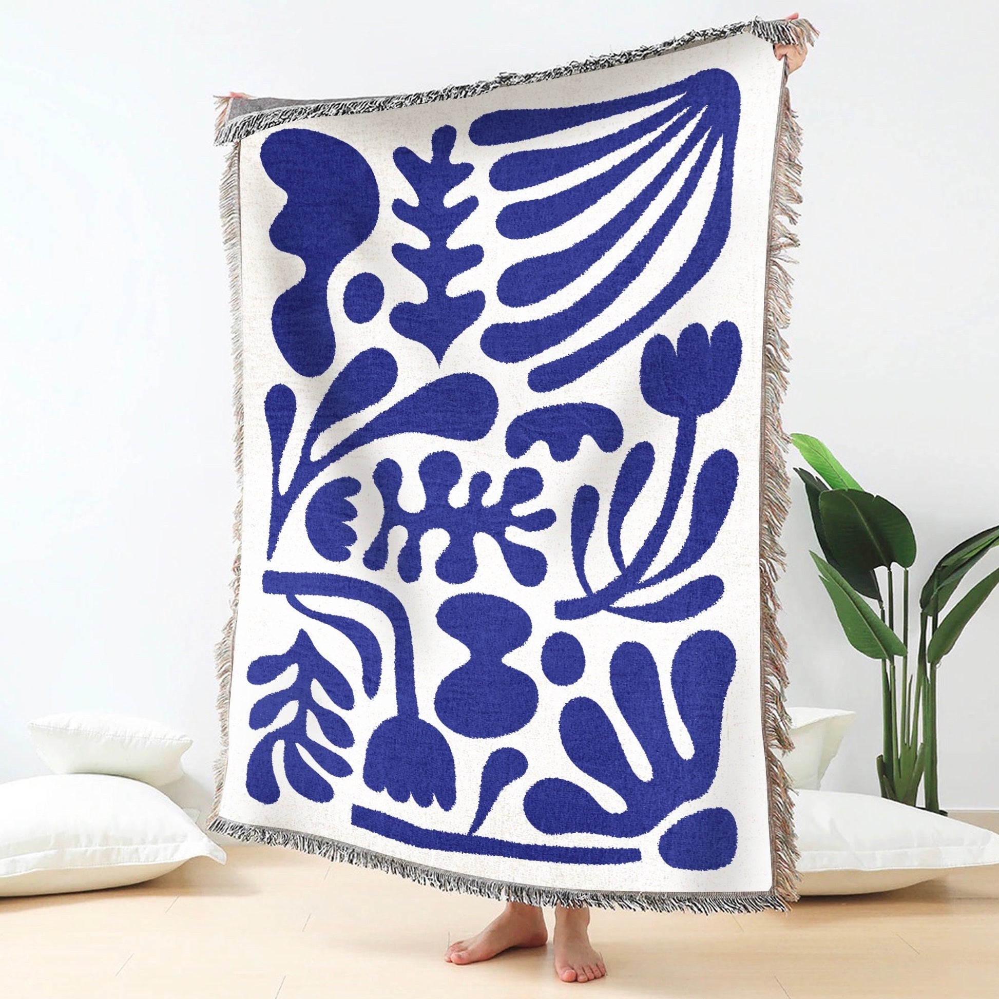 Blue Matisse Funky Motifs Throw Blanket | Modern Minimalist Scandi Tapestry Throw Woven | Flower Leaf Sofa Picnic Travel Fringe Blanket