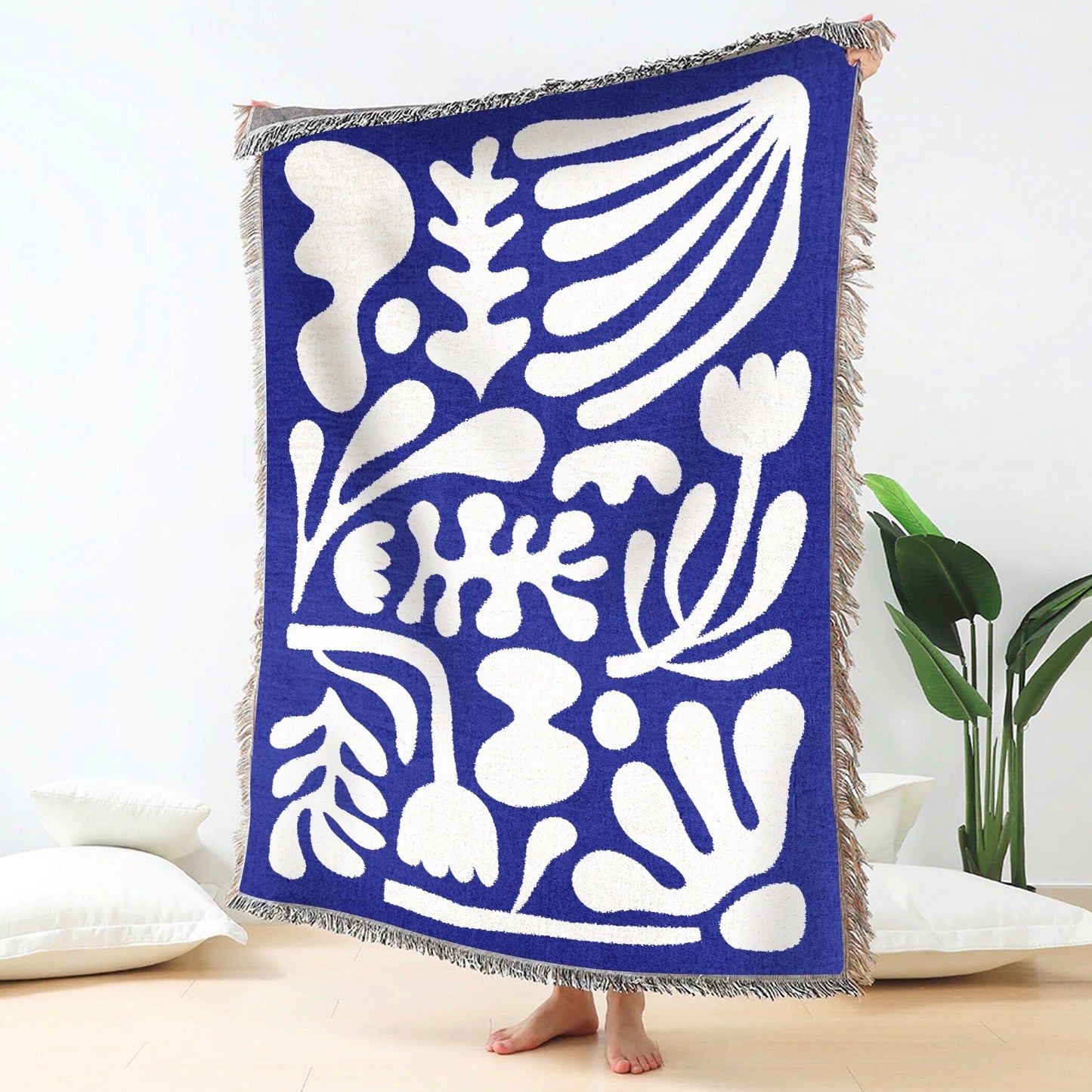 Blue Matisse Funky Motifs Throw Blanket | Modern Minimalist Decor | Funky Tapestry Woven Blanket | Fringe Sofa Picnic Travel Blanket Throw