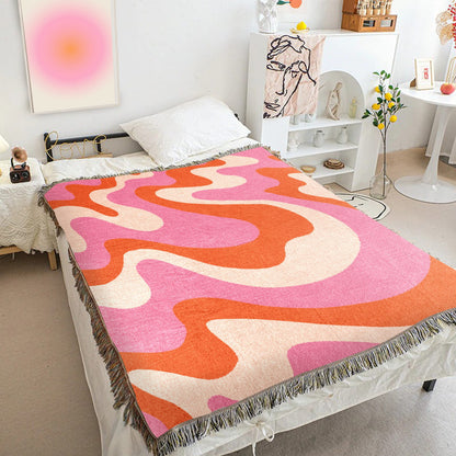 Pink Orange Groovy Wave Throw Blanket | Modern Minimalist Decor | Funky Psychedelic Tapestry Outdoor Fringe Sofa Picnic Travel Throw