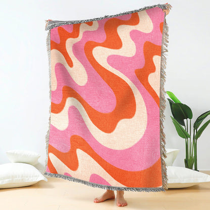 Pink Orange Groovy Wave Throw Blanket | Modern Minimalist Decor | Funky Psychedelic Tapestry Outdoor Fringe Sofa Picnic Travel Throw