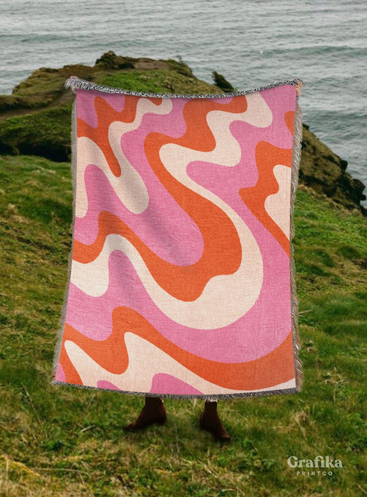 Pink Orange Groovy Wave Throw Blanket | Modern Minimalist Decor | Funky Psychedelic Tapestry Outdoor Fringe Sofa Picnic Travel Throw