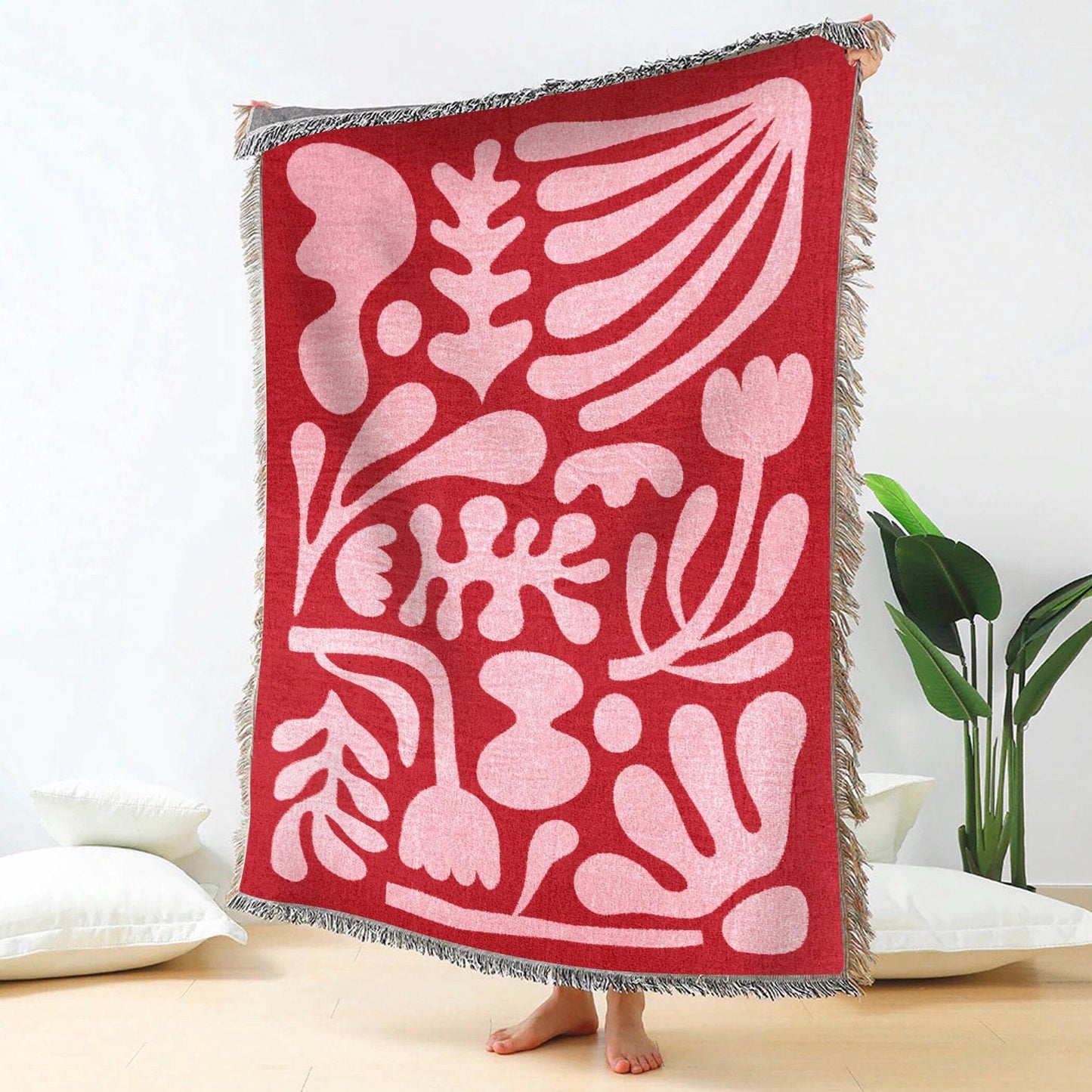 Pink Red Matisse Funky Throw Blanket | Modern Abstract Minimalist Tapestry Woven Blanket | Fringe Sofa Picnic Travel Blanket Throw