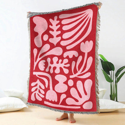 Pink Red Matisse Funky Throw Blanket | Modern Abstract Minimalist Tapestry Woven Blanket | Fringe Sofa Picnic Travel Blanket Throw