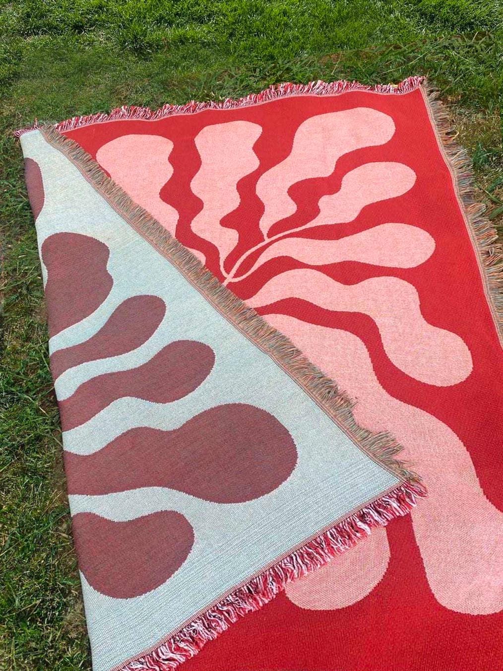 Red Pink Matisse Leaf Beach Throw Blanket | Modern Minimalist Decor | Funky Tapestry Outdoor Blanket | Fringe Sofa Picnic Travel Throw