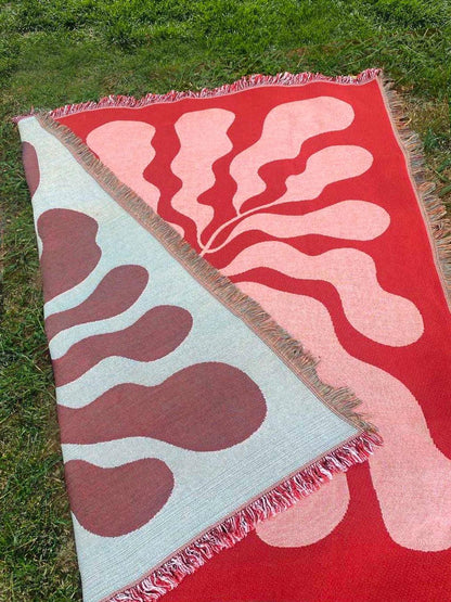 Red Pink Matisse Leaf Beach Throw Blanket | Modern Minimalist Decor | Funky Tapestry Outdoor Blanket | Fringe Sofa Picnic Travel Throw