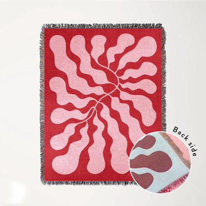 Red Pink Matisse Leaf Beach Throw Blanket | Modern Minimalist Decor | Funky Tapestry Outdoor Blanket | Fringe Sofa Picnic Travel Throw