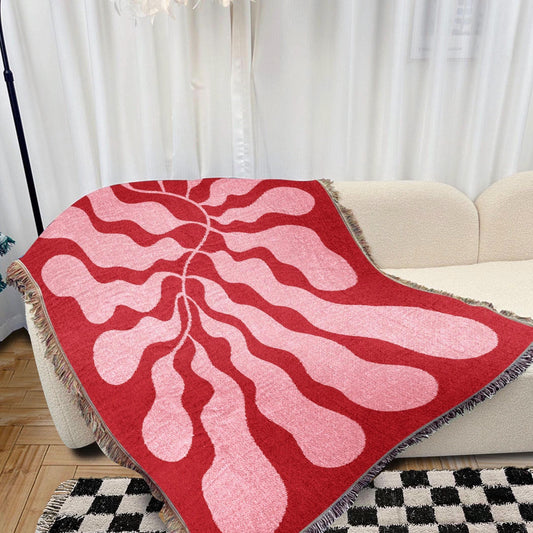 Red Pink Matisse Leaf Beach Throw Blanket | Modern Minimalist Decor | Funky Tapestry Outdoor Blanket | Fringe Sofa Picnic Travel Throw