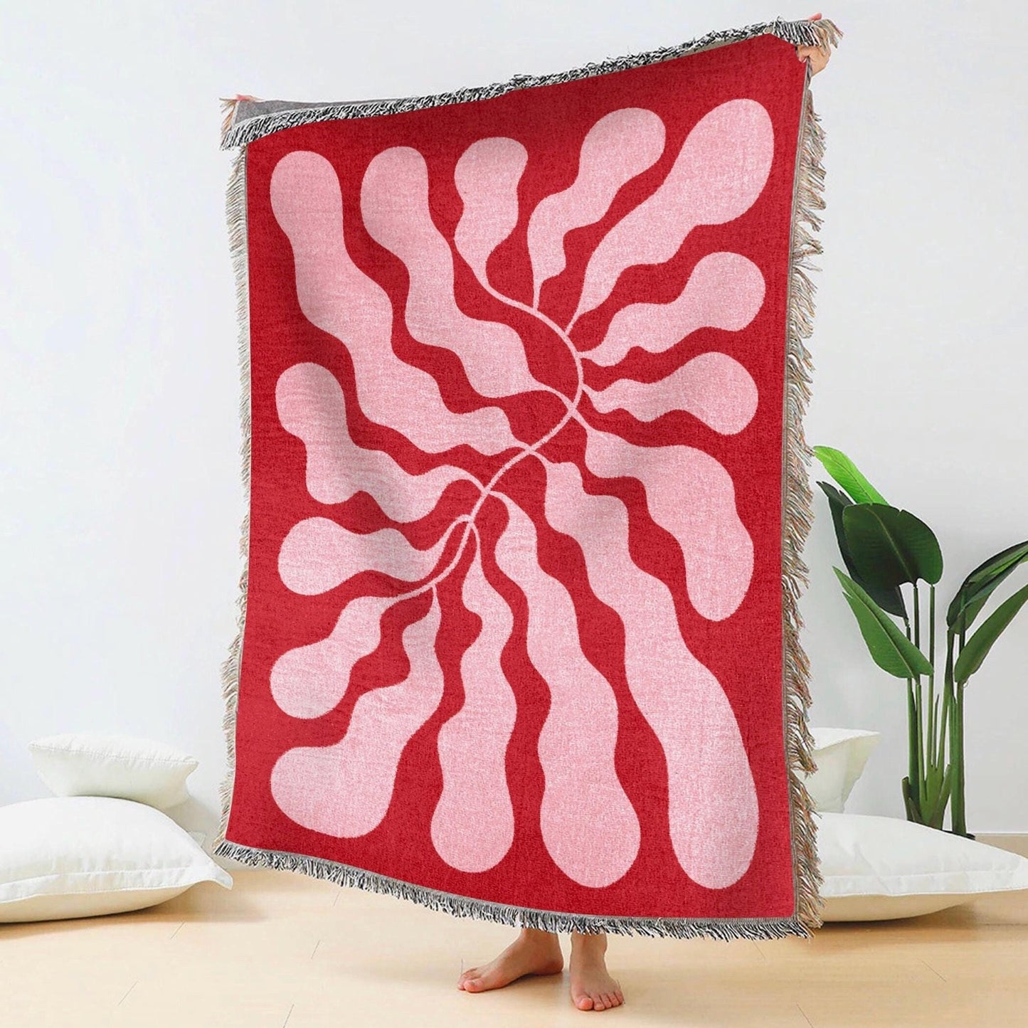 Red Pink Matisse Leaf Beach Throw Blanket | Modern Minimalist Decor | Funky Tapestry Outdoor Blanket | Fringe Sofa Picnic Travel Throw