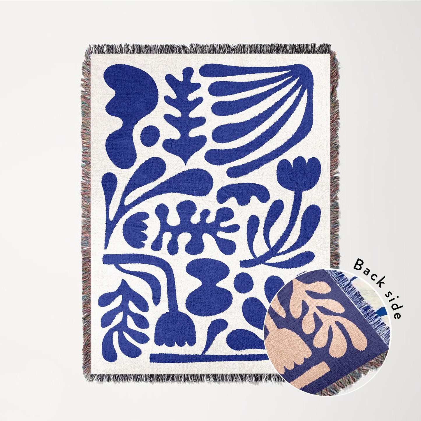 Blue Matisse Funky Motifs Throw Blanket | Modern Minimalist Scandi Tapestry Throw Woven | Flower Leaf Sofa Picnic Travel Fringe Blanket